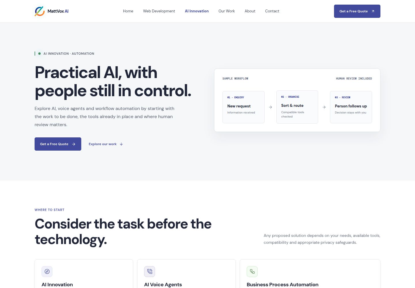 Desktop preview of the MattVox AI AI innovation service page