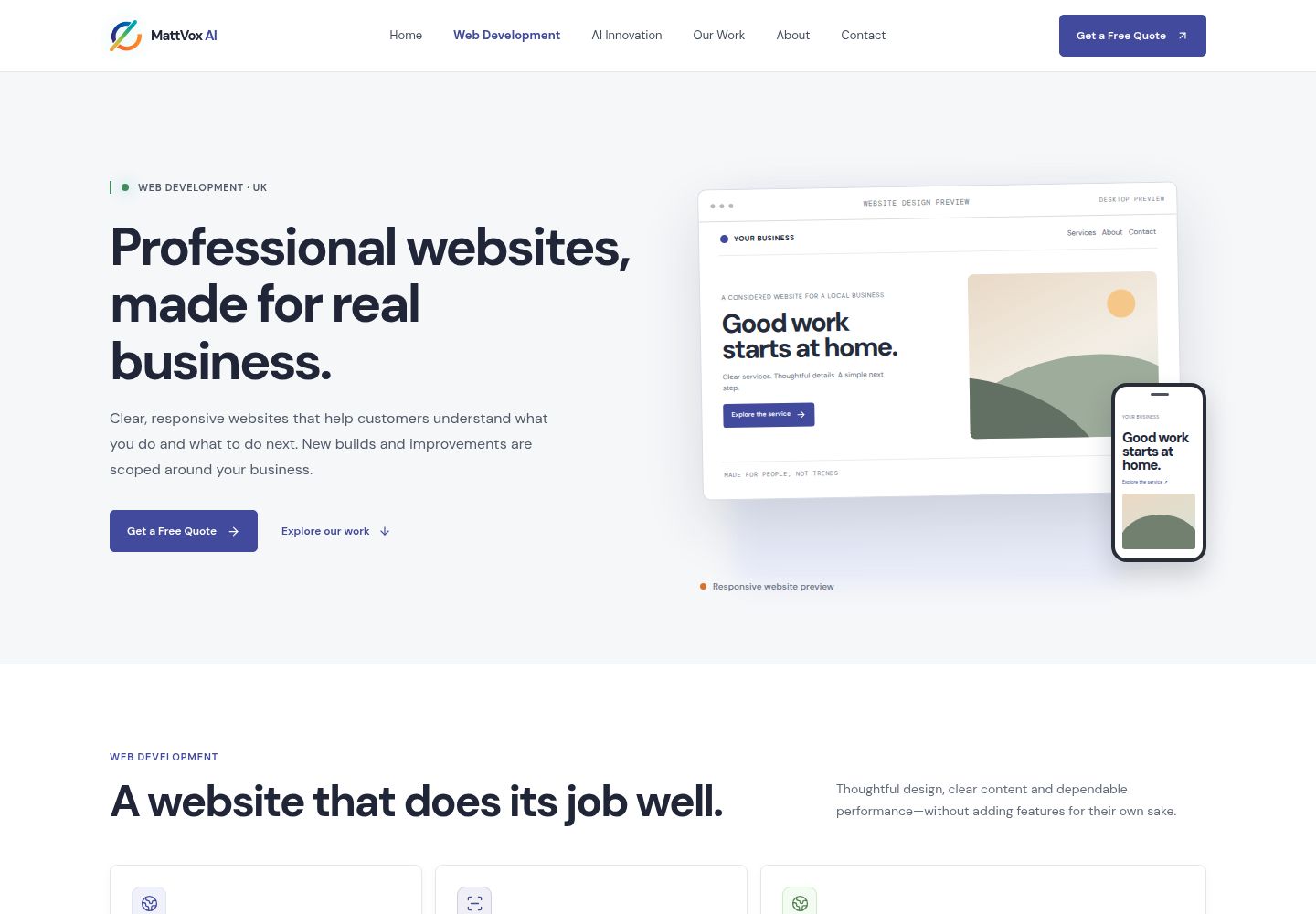 Desktop preview of the MattVox AI web development service page