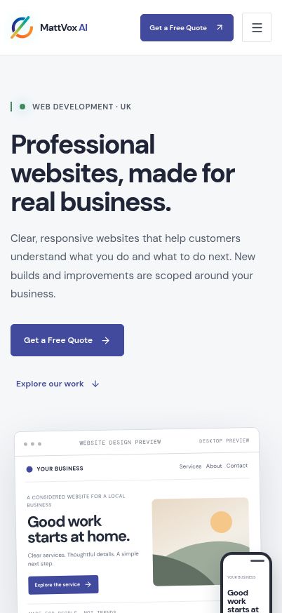Mobile preview of the MattVox AI web development service page